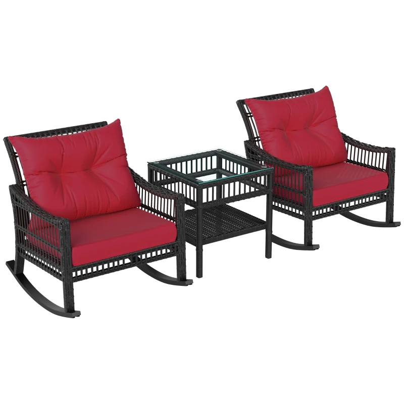 Outsunny 3 Pieces Outdoor PE Rattan Rocker Chair Set, Rocking Chair with Tempered Glass Table Top, 25"x26"x28", Red