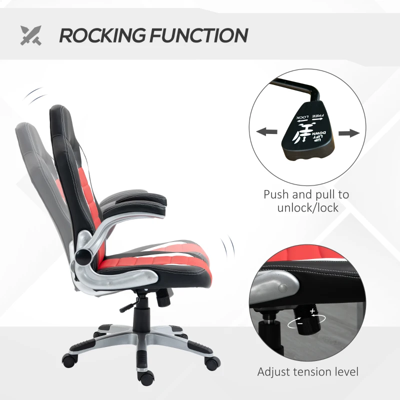 HOMCOM Racing Gaming Chair PU Leather Office Chair Executive Computer Desk Chair with Adjustable Height, Flip Up Armrest, Swivel Wheels, Red
