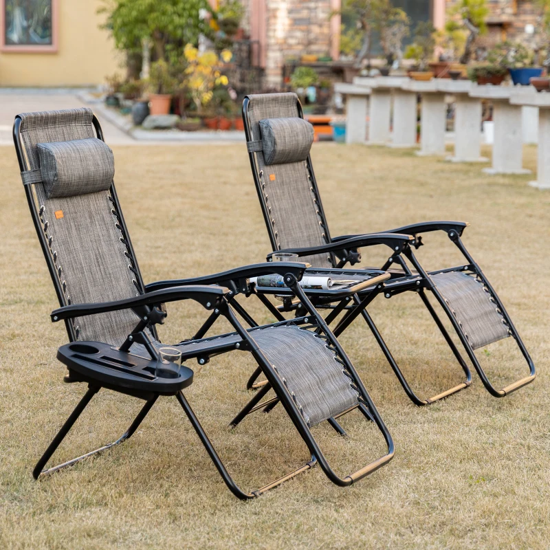 Outsunny Zero Gravity Chair Set of 2 Patio Chair with Side Table Cupholders and Pillows for Pool, Backyard, Lawn, Beach, Grey