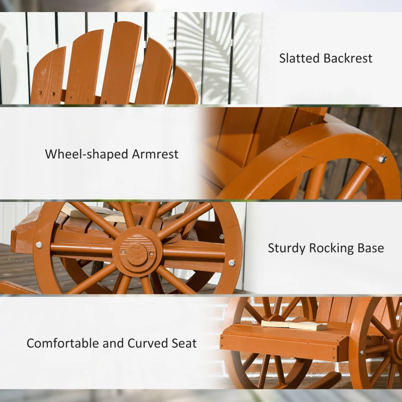 Outsunny Wooden Rocking Chair, Adirondack Rocker Chair w/Slatted Design and Oversized Back, Outdoor Rocking Chair with Wagon Wheel Armrest for Porch, Poolside, and Garden, Teak