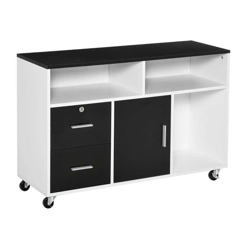 HOMCOM Lateral Filing Cabinet, Printer Stand Home Office Mobile File Cabinet with Wheels, Lockable Drawer, Black