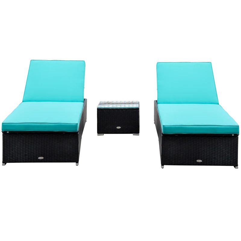 Outsunny Chaise Lounge Chair Set of 2 with 5 Angle Backrest, Outdoor Coffee Table, Water Repellent Cushions, PE Rattan Wicker Poolside Chairs, 3-Piece Pool Furniture Set, Dark Brown/Turquoise