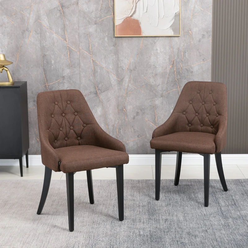HOMCOM Modern Dining Chairs Set of 2, Button Tufted High Back Accent Chairs with Upholstered Seat, Steel Legs for Living Room, Kitchen, Study, Brown