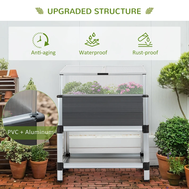 Outsunny Raised Garden Bed with Cold Frame Greenhouse and Storage Shelf, Aluminum & PVC Elevated Planter Box for Herbs and Vegetables, Use for Patio, Backyard, Balcony