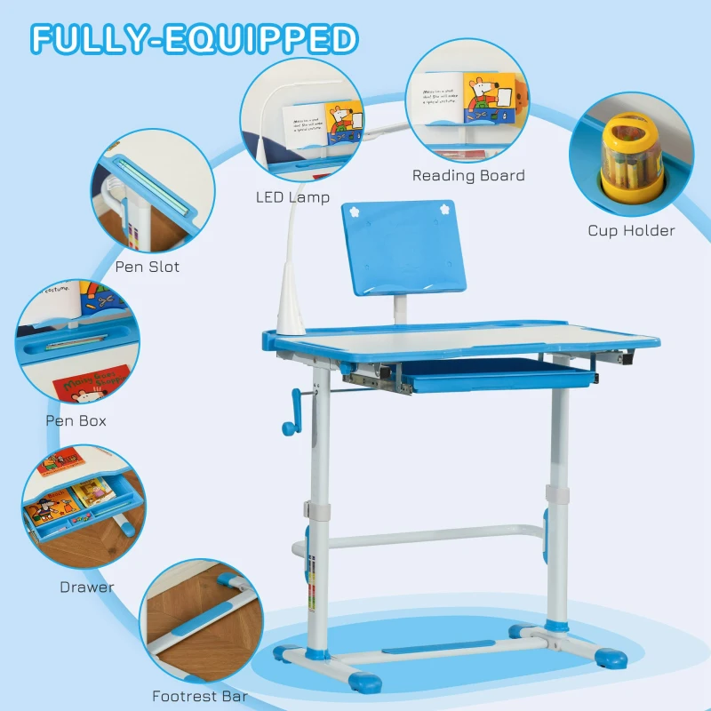 Qaba Kids Desk and Chair Set, Height Adjustable School Study Table and Chair, Student Writing Desk with Tilt Desktop, LED Light, Pen Box, Drawer, Reading Board, Cup Holder, and Pen Slots, Blue