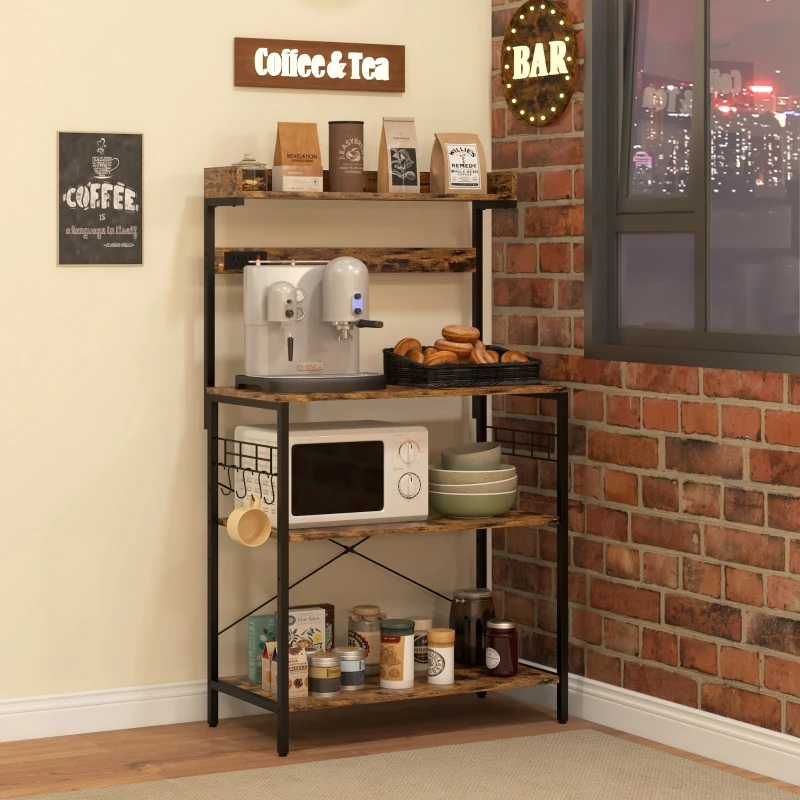 HOMCOM Kitchen Baker's Rack with Power Outlet, Coffee Bar Station with Adjustable Shelves and Hooks, Rustic Brown