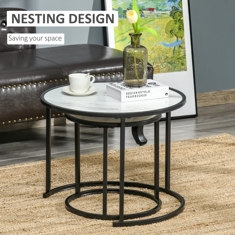 HOMCOM Round Nesting Coffee Table Set of 2, Stacking Modern Accent Tables with Faux Marble Tabletop and Metal Frame for Living Room, White