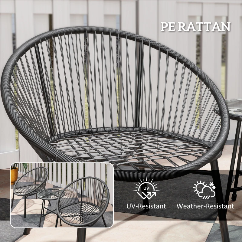 Outsunny 3 Piece Wicker Patio Furniture Set with Soft Seat Cushions, Tempered Glass Tabletop, Bistro Set for Garden, Black