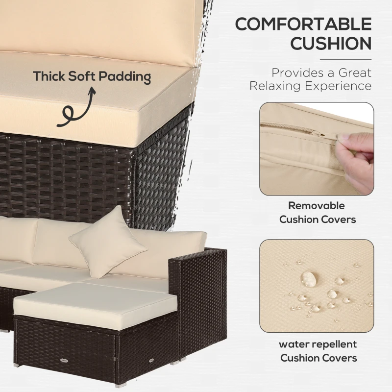 Outsunny 6 Piece Patio Furniture Set Outdoor Wicker Conversation Set All Weather PE Rattan Sectional Sofa Set with Ottoman, Cushions and Tempered Glass Table, Coffee and Beige