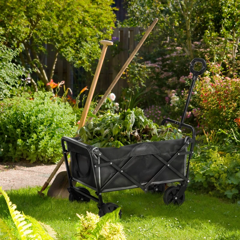 Outsunny Collapsible Wagon with Adjustable Handle, Heavy Duty Folding Garden Carts with All-Terrain Wheels, for Beach, Sports, Shopping, Camping, Groceries
