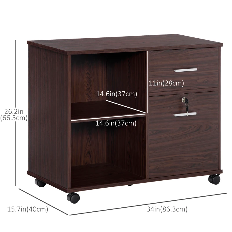 Vinsetto Lateral Filing Cabinet with Wheels, Locking File Cabinet, Mobile Printer Stand with Open Shelves and Drawers for A4 Size Documents, Walnut