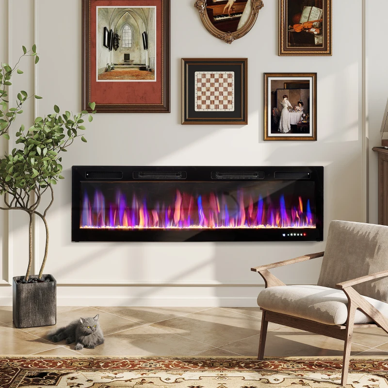 HOMCOM 60" Electric Fireplace Recessed and Wall Mounted, 1500W Ultra-thin with Adjustable Flame, Crystal, Black
