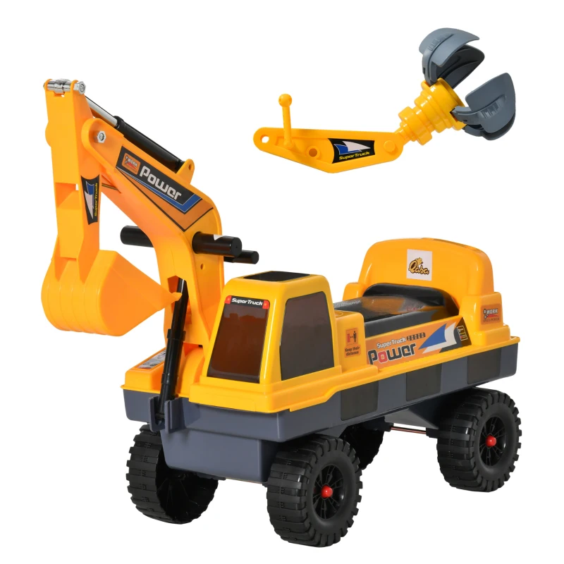 Qaba No Power Ride On Excavator Construction Digger Multi-Functional Truck Toy with 2 in 1 Design Detachable Digging Bucket and Grab Bucket, Music, Light, Yellow