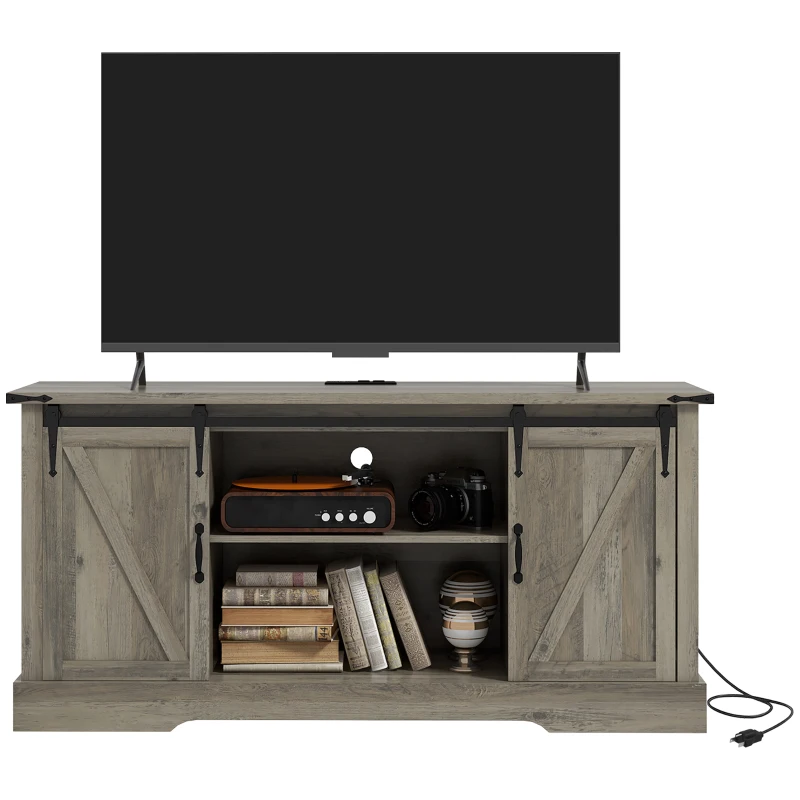 HOMCOM Sideboard with Charging Station, Farmhouse Coffee Bar Cabinet with Sliding Barn Door, TV Stand for TVs Up to 65", Gray