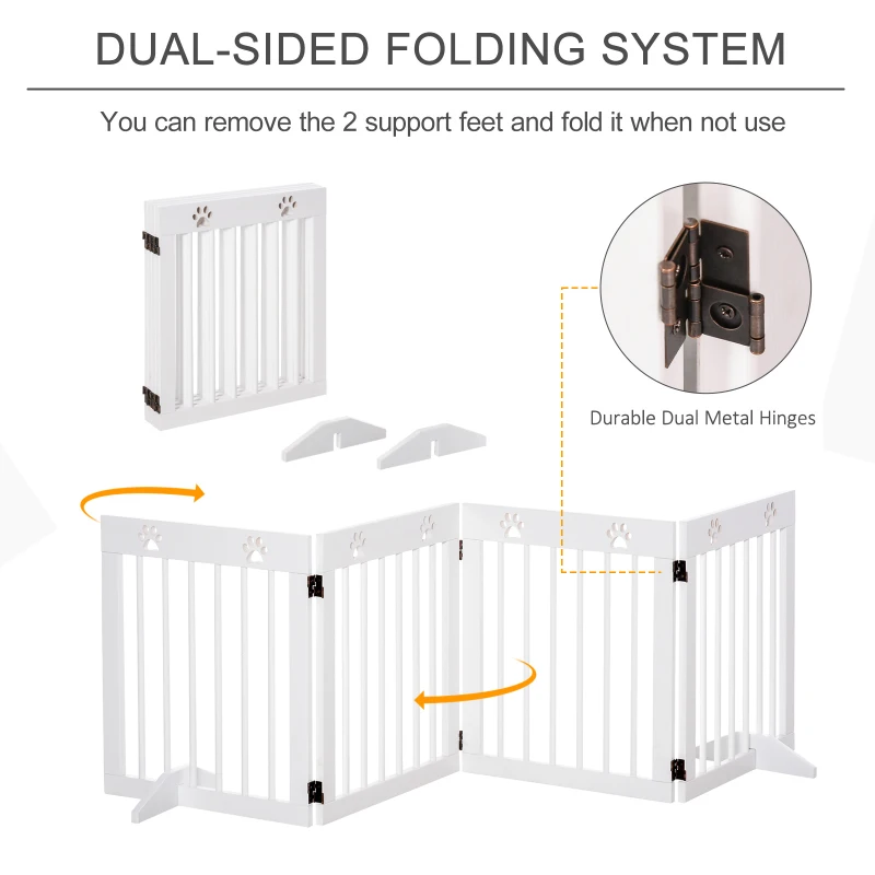 PawHut Freestanding Pet Gate 4 Panel Wooden Dog Barrier Folding Safety Fence with Support Feet up to 80.25" Long 24" Tall for Doorway Stairs White