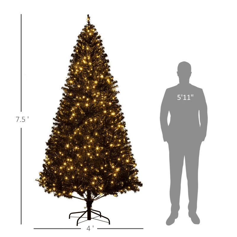 HOMCOM 7.5 FT Tall PreLit Artificial Christmas Tree with Realistic Branches, 500 Warm White LED Lights and 1346 Tips, Black