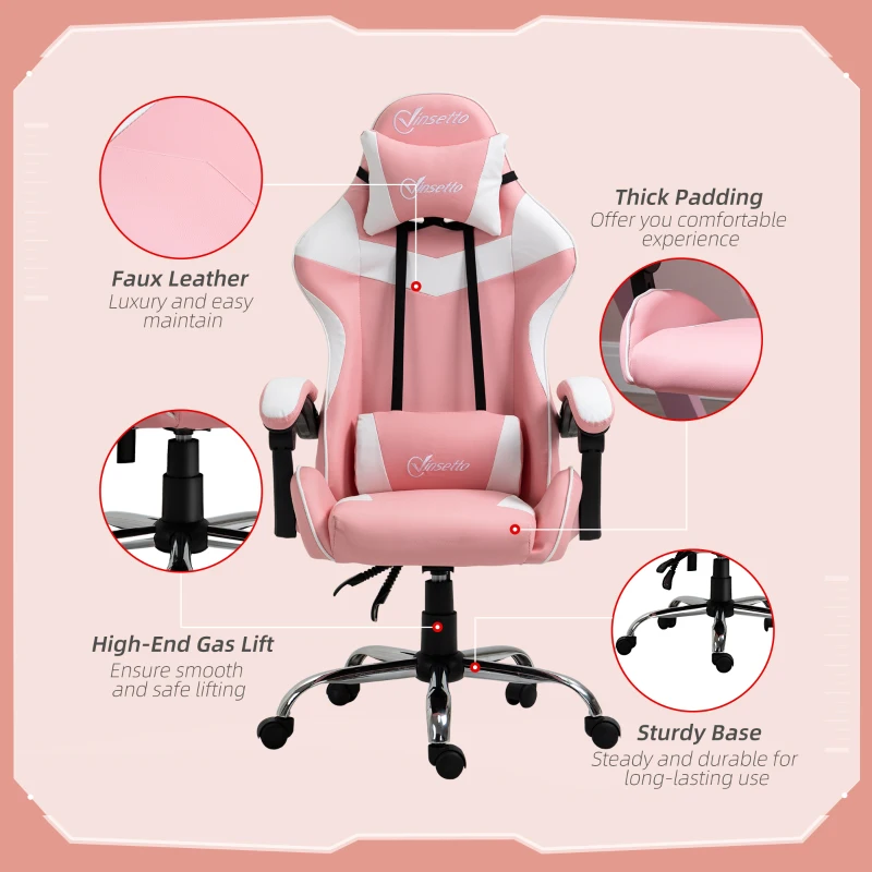 Vinsetto Racing Gaming Chair with Lumbar Support, Head Pillow, Swivel High Back Recliner Gamer Desk Chair for Office, Pink