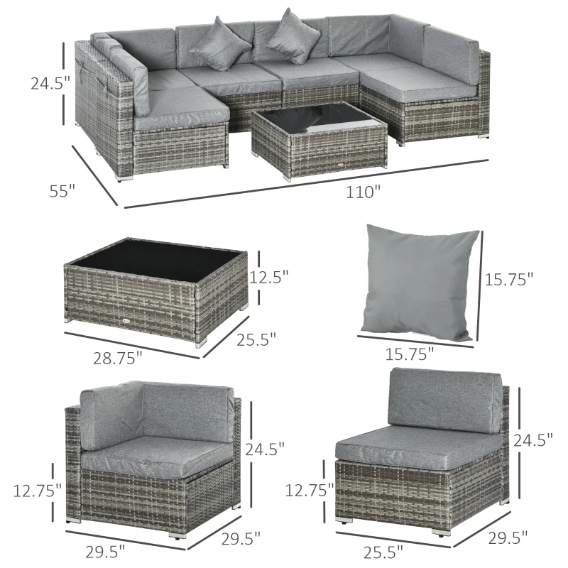 Outsunny 7pc Garden Wicker Sectional Set w/ Tea Table Patio Rattan Lounge Sofa Outdoor Deck Furniture Light Grey