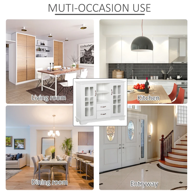 HOMCOM Modern Kitchen Sideboard with 2 Drawers, Coffee Bar Cabinet with Glass Doors Storage Cupboard and Open Shelf, White