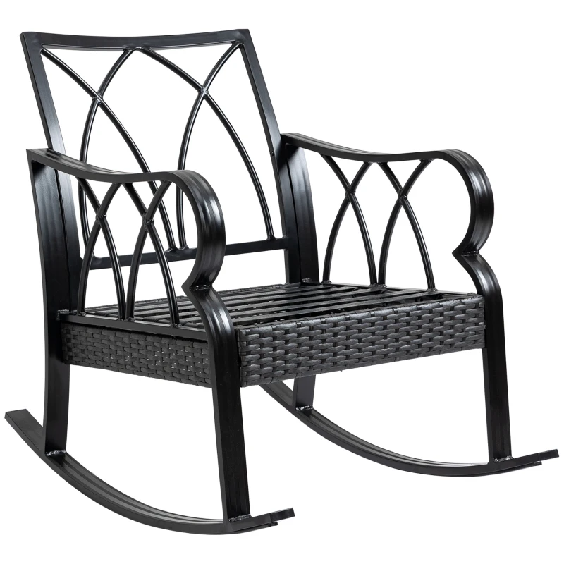 Outsunny 3-Piece Rocking Chair Bistro Set, Wicker Conversation Set, Rattan Furniture Set with Tempered Glass Side Table, Khaki