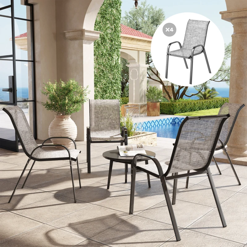Outsunny Set of 4 Outdoor Dining Chairs, Stackable Patio Chairs with High Back, Breathable Mesh Seat for Garden Lawn, Mixed Gray