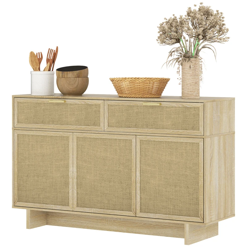 HOMCOM Boho Kitchen Sideboard Buffet Cabinet with Hinge Doors, Drawers and Adjustable Shelf for Living Room, Natural Wood