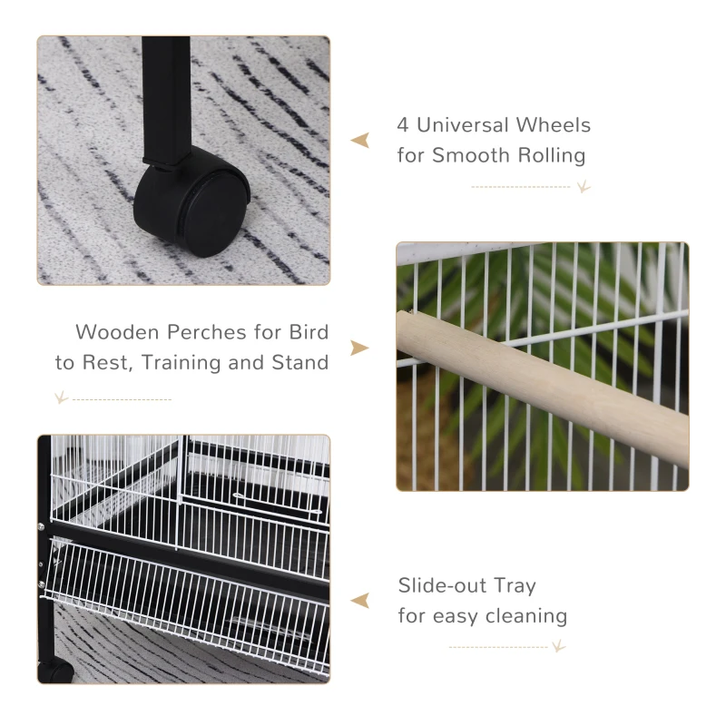 PawHut 54" Extra Large Portable Rolling Iron Aviary Flight Bird Cage And Accessories