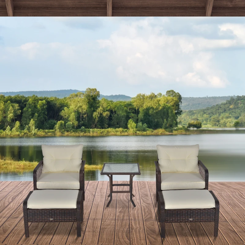 Outsunny 5-Piece PE Wicker Patio Furniture Set, Conversation Set with Outdoor Ottomans, Table & Chairs, Small Balcony Furniture for Apartments, Steel, Cream White