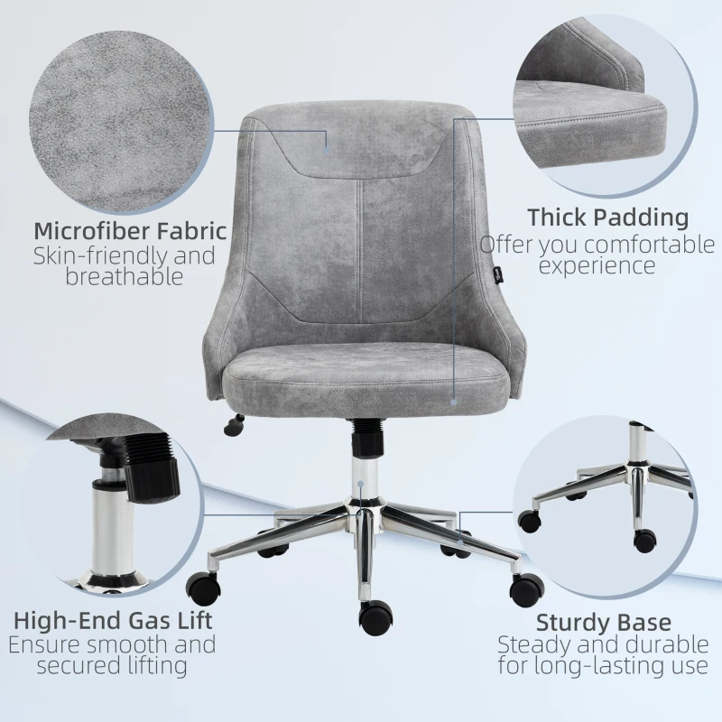 Vinsetto Armless Task Chair, Mid-back Desk Chair, Microfiber Home Office Chair with Adjustable Height, Tilt, Swivel Function, Vanity Chair with Wheels, Light Grey