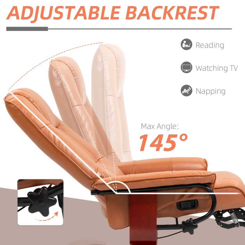 HOMCOM Faux Leather Recliner Chair, Swivel Recliner with Footrest, Armrest and Wood Base for Living Room, Light Brown