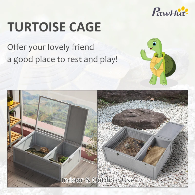 PawHut 37” Wooden Tortoise House Turtle Terrarium/ Small Reptile Enclosure with Two Room Design, Grey