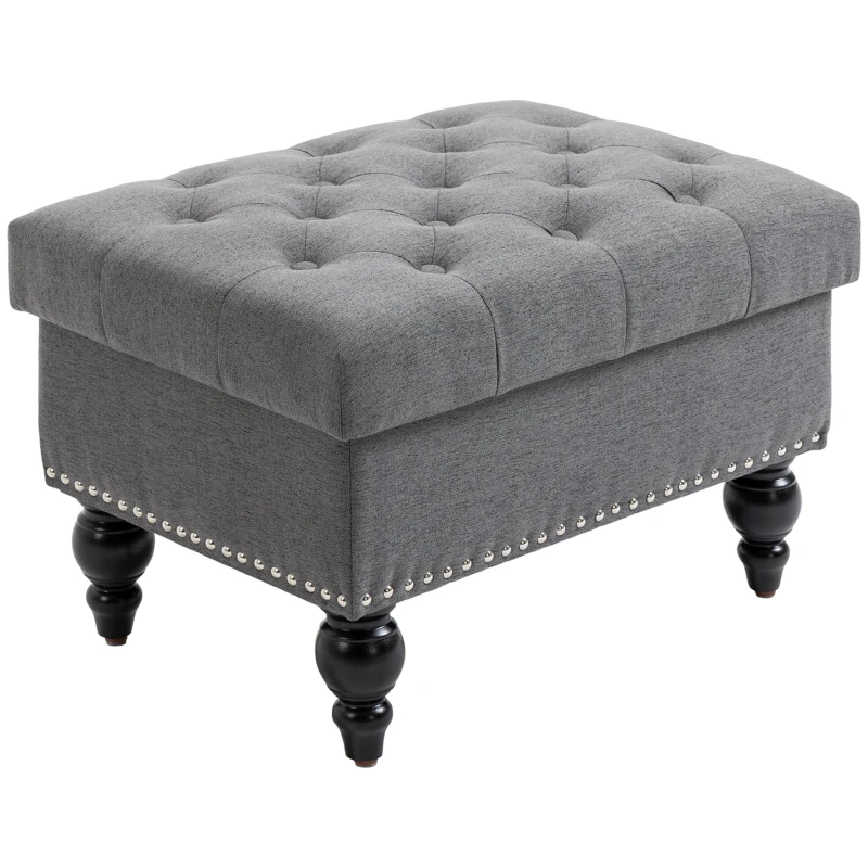 HOMCOM Ottoman with Storage for Living Room, 25" Storage Ottoman with Removable Lid, Button-Tufted Fabric Bench for Footrest and Seat with Wood Legs, Gray