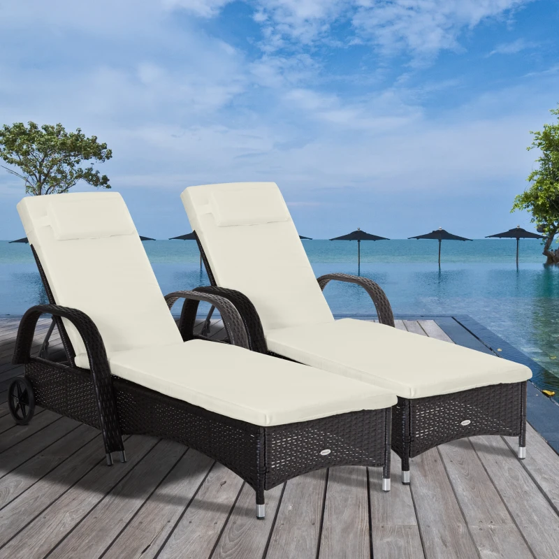 Outsunny 2 Reclining Chaise Lounge Chairs, Rolling Outdoor Chairs with Cushion, Pillow, Headrest, Armrests, and Wheels, Cream