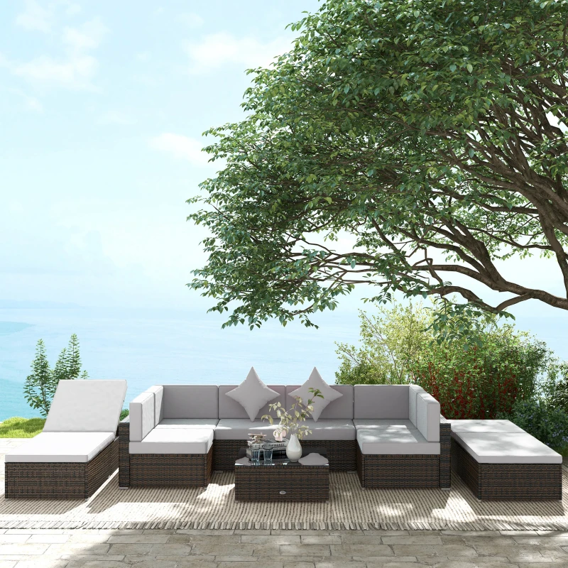 Outsunny 9 Pieces Wicker Patio Furniture Set with Cushion, Light Grey