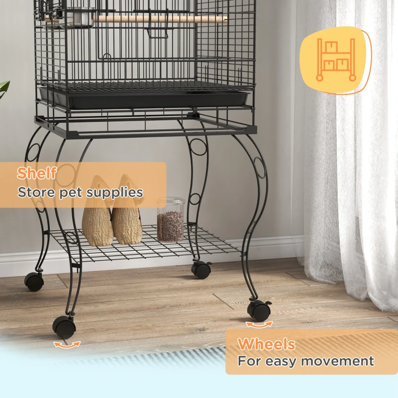 PawHut Play Open Top Bird Cage 60" Parrot Cage for Cockatiel, Sun Conure with Rolling Stand, Removable Tray, Perches, Storage Shelf Black, 20.1" x 20.1"