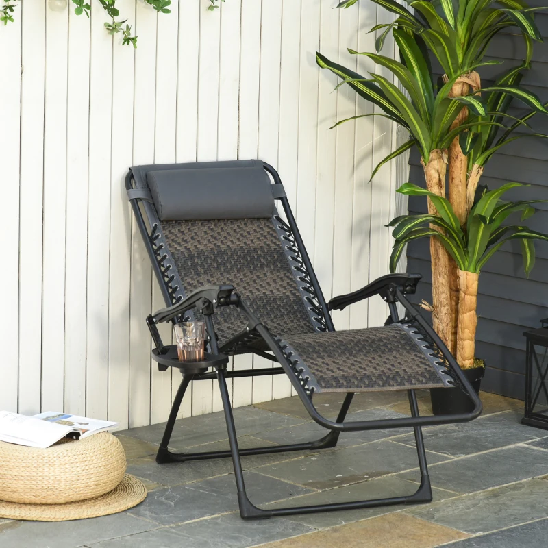 Outsunny Zero Gravity Lounge Chair Adjustable Rattan Wicker Lounger with Cup Holder, Phone Container, Headrest for Garden, Porch, Backyard, Pool