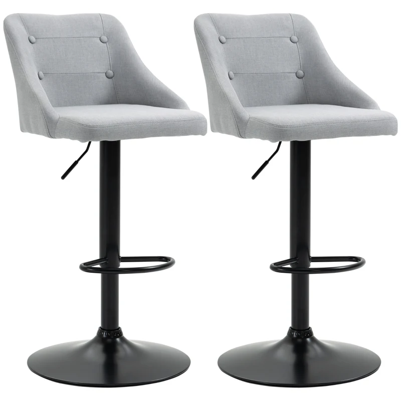 HOMCOM Counter Height Bar Stools Set of 2, Adjustable Bar Chair, Swivel Fabric Kitchen Stools with Back, Armrests and Footrest for Kitchen Counter and Dining Room, Light Grey