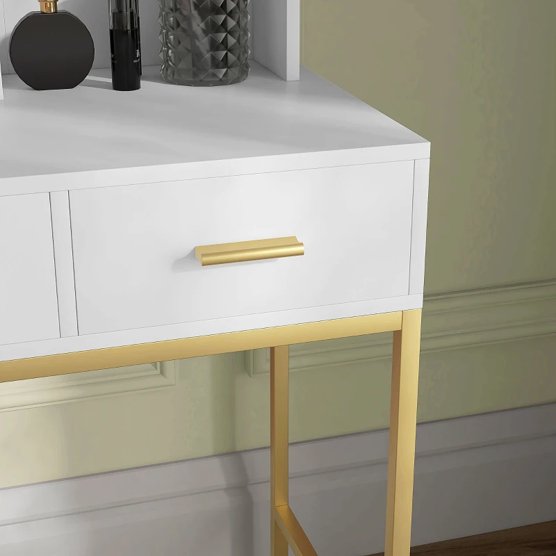 HOMCOM Illuminated Dressing Table, LED Vanity Table with Mirror, 3 Drawers and Storage Shelves for Bedroom, White