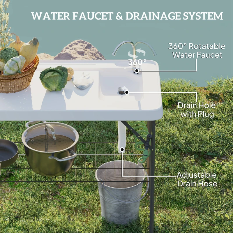 Outsunny Folding Fish Cleaning Table with Sink, Portable Camping Table with Faucet, Drainage Hose, Sprayer and Shelf, White