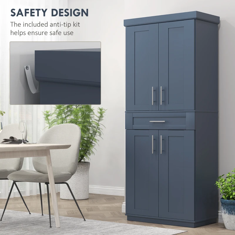 HOMCOM Modern Kitchen Pantry Freestanding Cabinet Cupboard with Doors and Drawer, Adjustable Shelving, Navy Blue