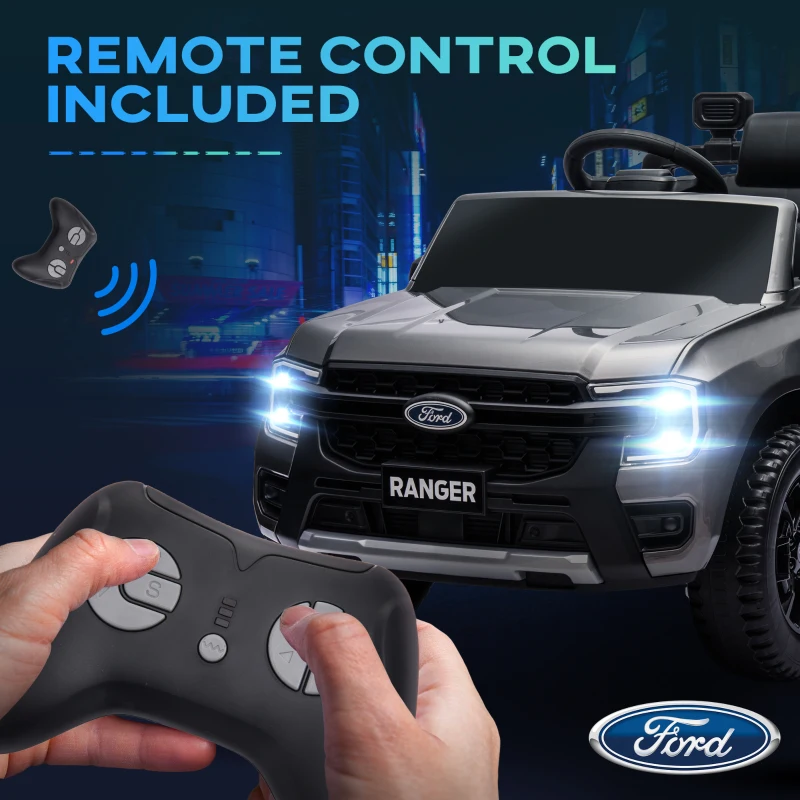 Qaba Ford Ranger Licensed 12V Ride on Car Battery Powered Kids Truck w/ Rear Storage Remote, Spring Suspension, Grey
