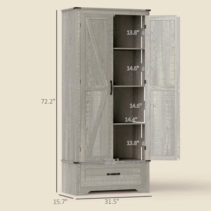 HOMCOM 72" Farmhouse Pantry Cabinet with Adjustable Shelves, Kitchen Pantry Cabinet with 2 Doors, Distressed Light Gray