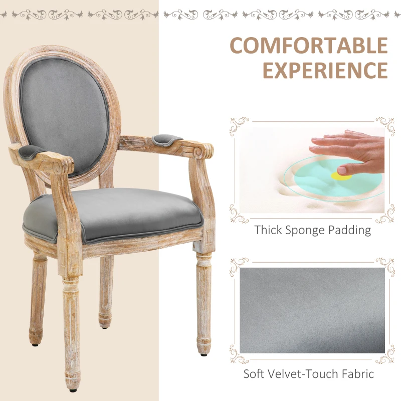 HOMCOM Vintage Dining Chair with Round Back, Thick Sponge Padded Seat and Section Armrest with Wood Frame, Gray