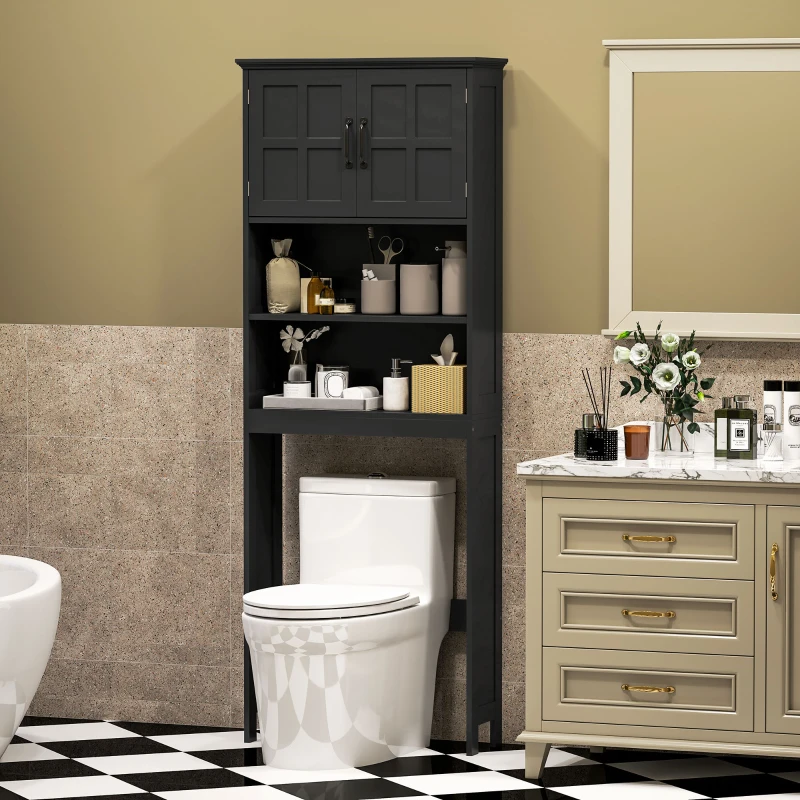 kleankin Modern Over The Toilet Storage, Bathroom Cabinets Over Toilet with Open Shelves and Double Door Cabinet, Black