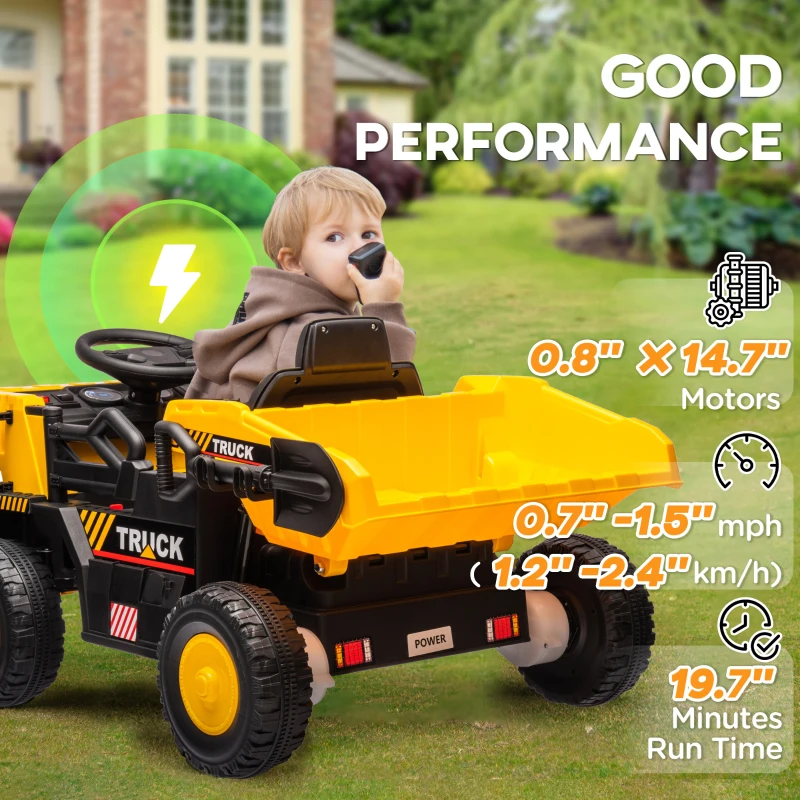 Qaba 12V Kids Ride on Dump Truck, Electric UTV w/ Electric Dump Bed, Shovel Spring Suspension & Music Player