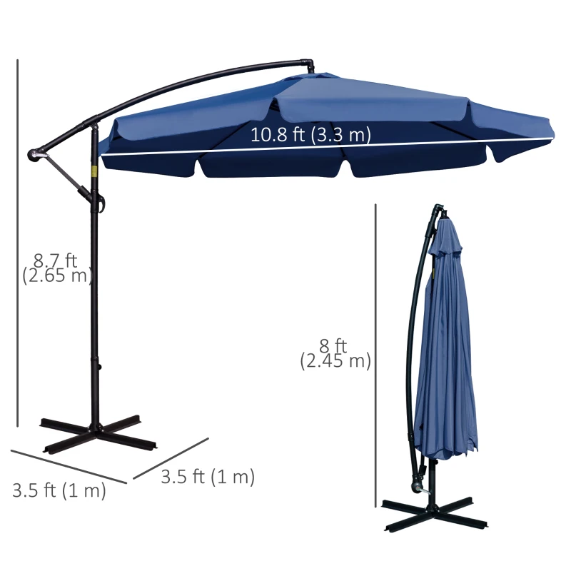 Outsunny 11FT Offset Hanging Patio Umbrella Cantilever Umbrella with Easy Tilt Adjustment, Cross Base and 8 Ribs for Backyard, Poolside, Lawn and Garden, Blue