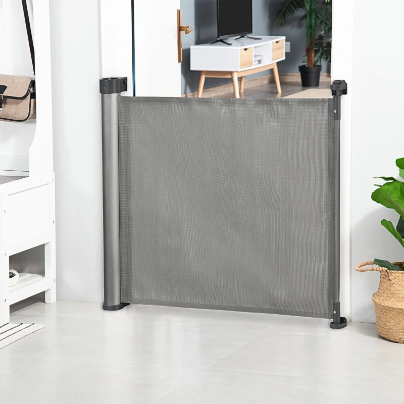 PawHut Retractable Pet Gate, Adjustable Safety Mesh Dog Gate, Extends to 55" for Narrow or Wide Doorways, Hallways, Stairs, Grey