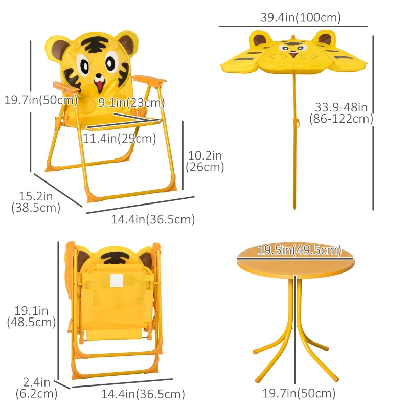 Outsunny Kids Folding Picnic Table and Chair Set Pattern Outdoor Garden Patio Backyard with Removable & Height Adjustable Sun Umbrella Yellow