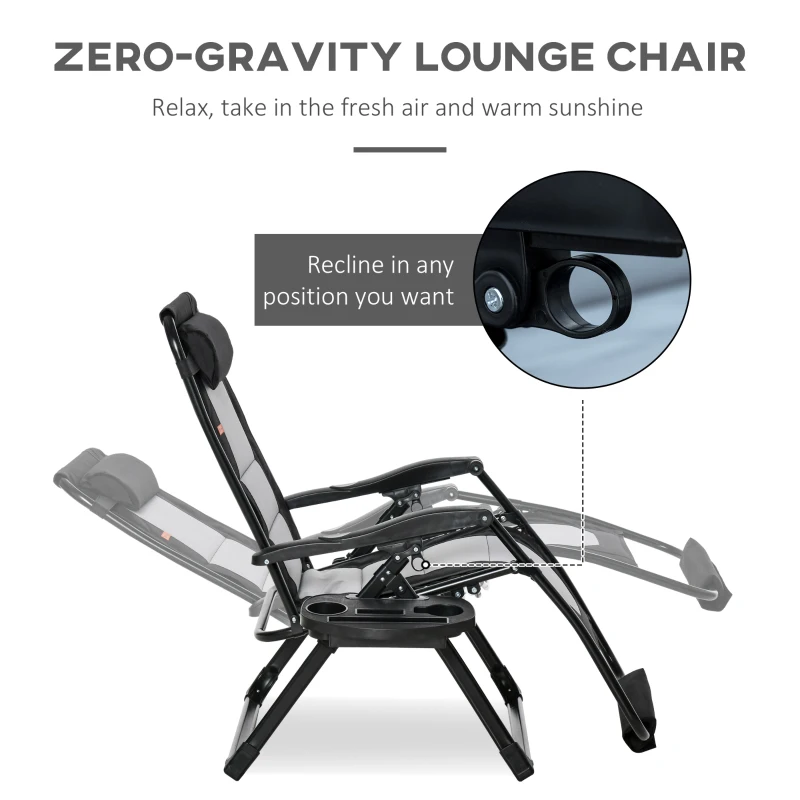 Outsunny Foldable Outdoor Lounge Chair with Footrest, Oversized Padded Zero Gravity Lounge Chair with Headrest, Side Tray, Cup Holders, Armrests for Camping, Lawn, Garden, Black