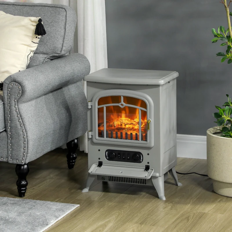 HOMCOM Fireplace Stove, Electric Fireplace Heater with Realistic LED Flames and Logs, 725W/1450W, Gray